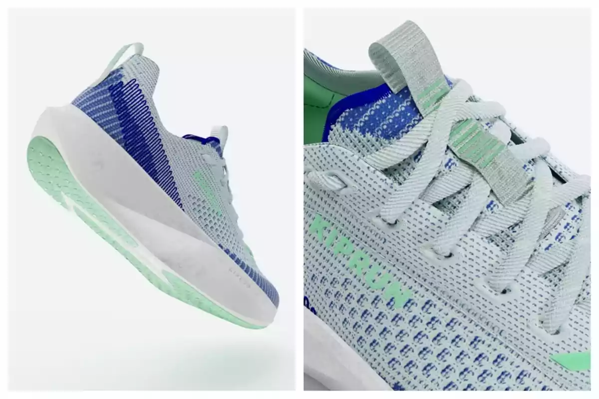 Sabatilles esportives Kiprun de Decathlon en tons blaus, verds i blancs vistes des d’un angle lateral i un acostament als detalls de la malla i els cordons.