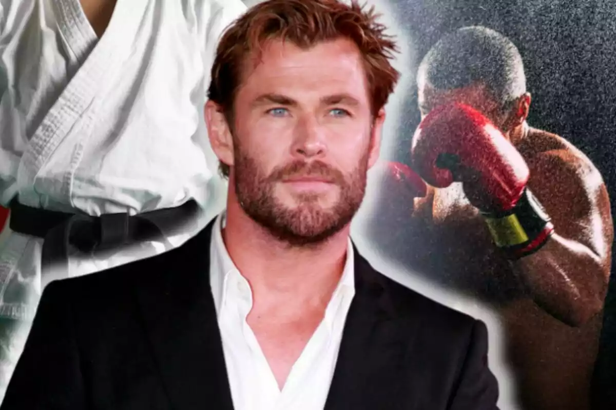 Chris Hemsworth amb vestit fosc al davant, al fons una persona amb guants de boxa i una altra amb uniforme d’arts marcials i cinturó negre