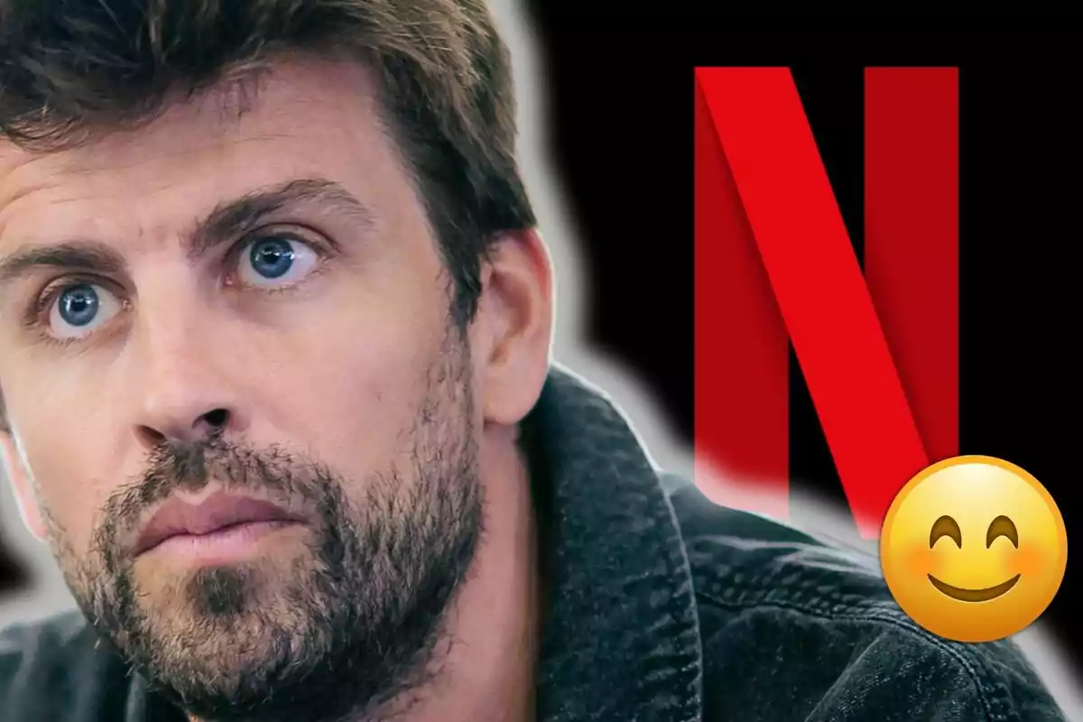 Gerard Piqué amb expressió seriosa en primer pla al costat del logotip de Netflix i un emoticona somrient