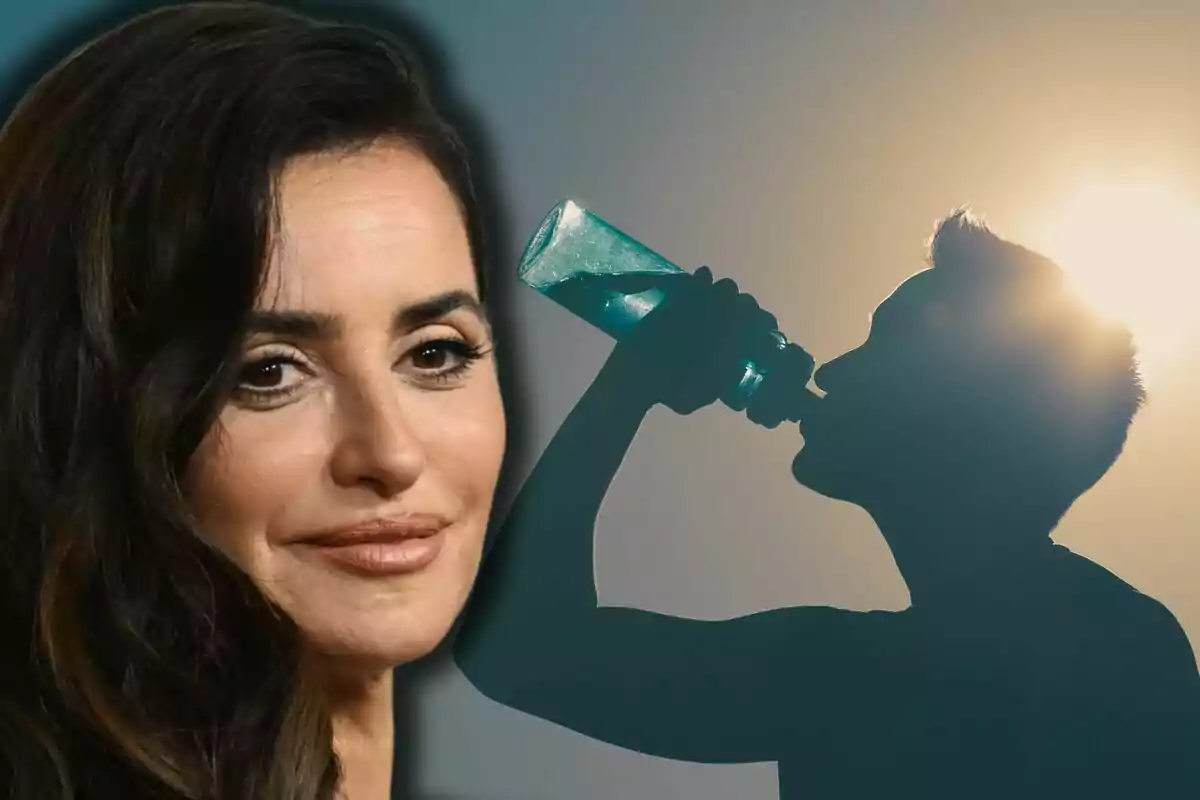Rostre de Penélope Cruz amb expressió serena al costat de la silueta d’una persona bevent aigua d’una ampolla amb el sol de fons