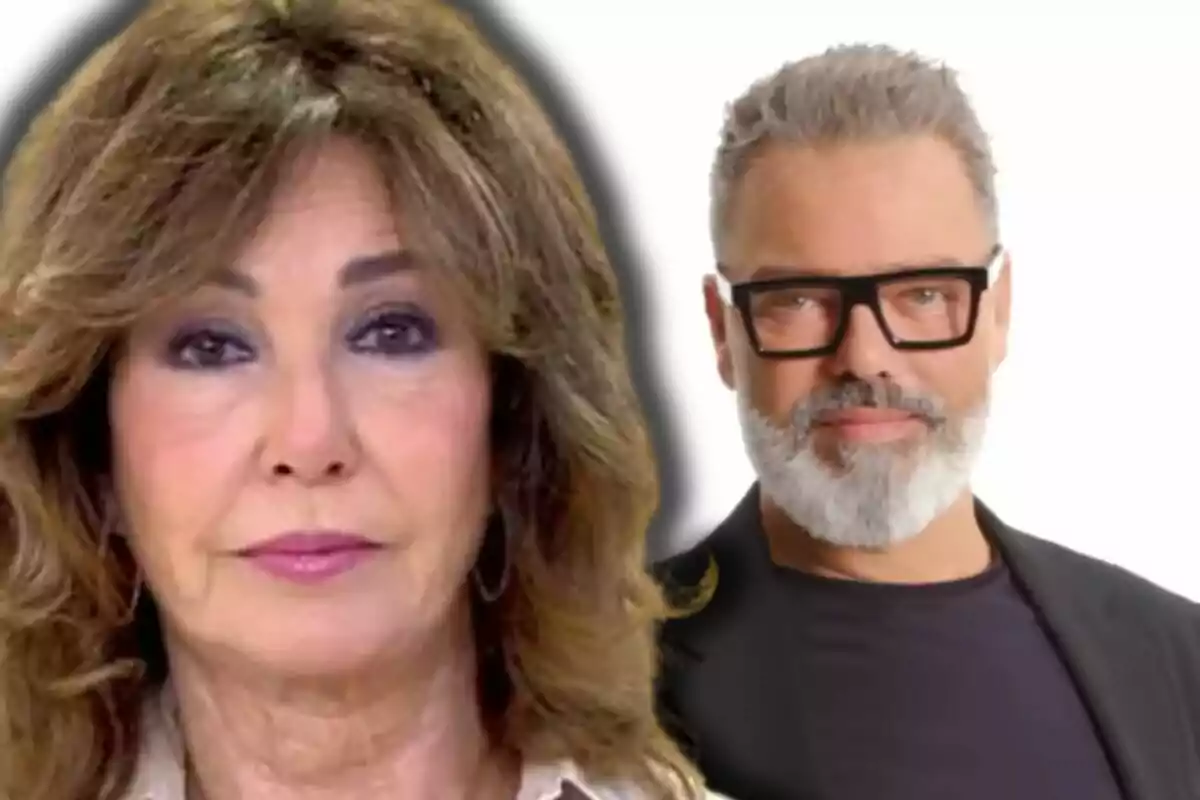 Ana Rosa Quintana y Víctor del Valle posan frente a un fondo blanco, una mujer de cabello castaño y un hombre con barba canosa y gafas negras