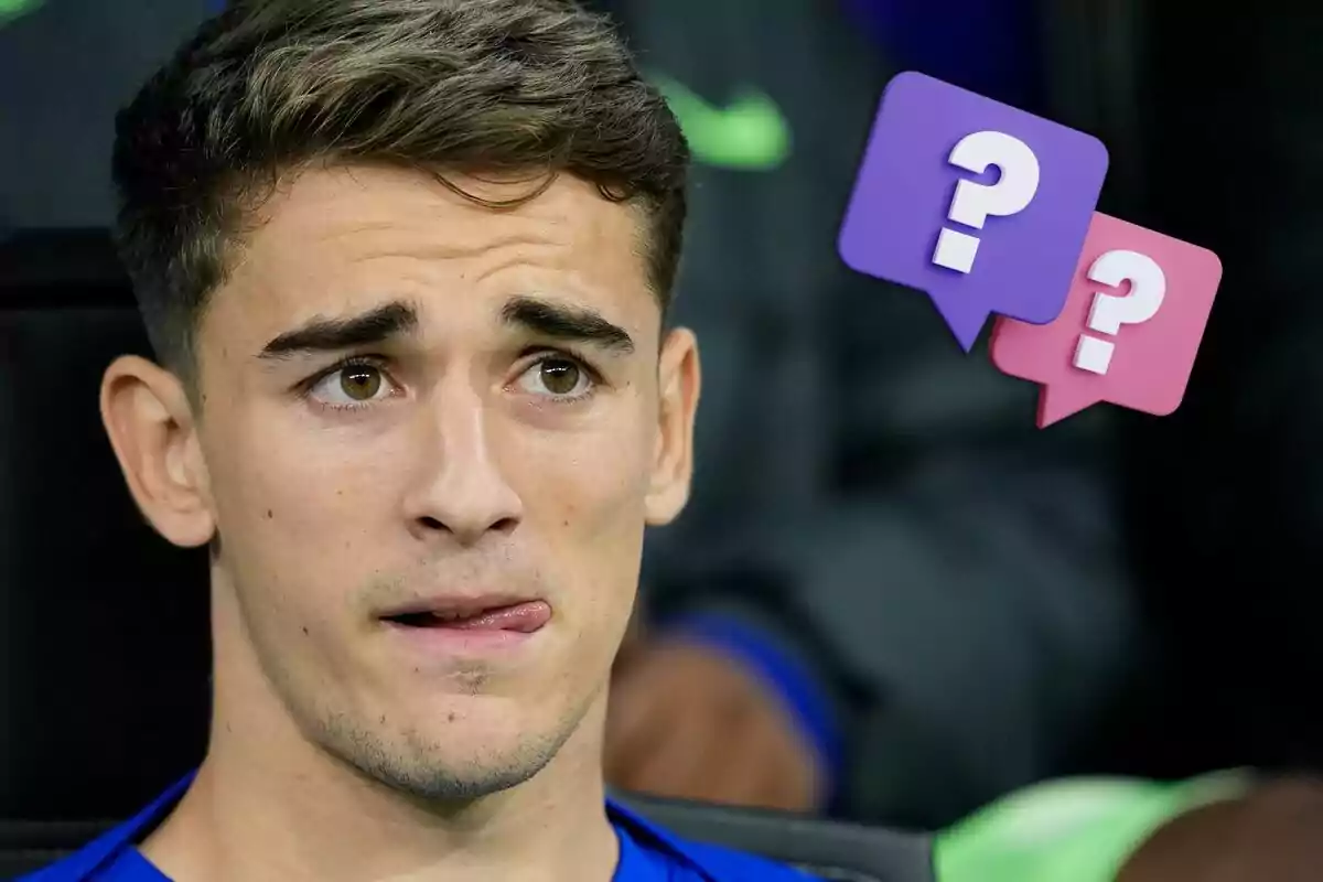 Gavi amb expressió de dubte i bombolles de diàleg amb signes d’interrogació al fons