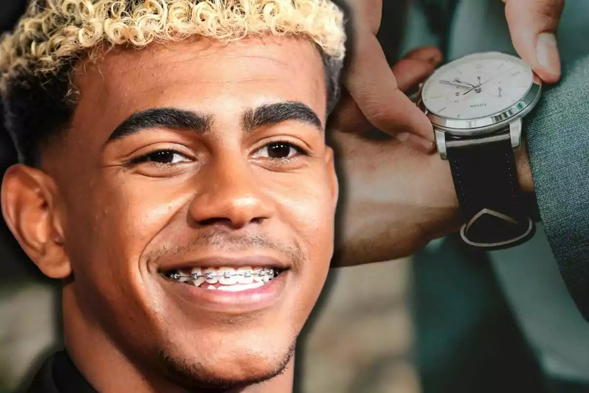 Lamine Yamal smiling with braces and curly blond hair in the foreground next to an image of a hand adjusting a wristwatch