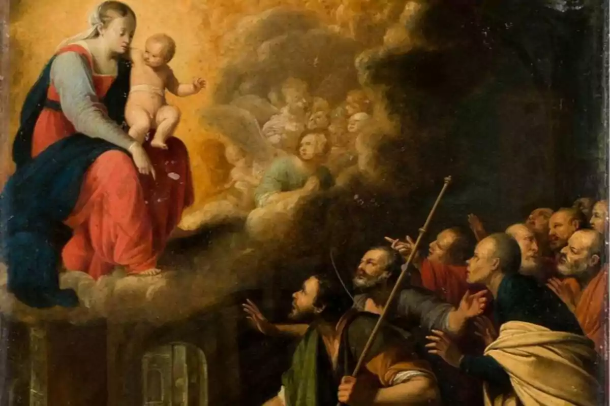 Una mujer con un niño en brazos sentados sobre nubes mientras varias personas los observan desde abajo con expresiones de asombro y devoción