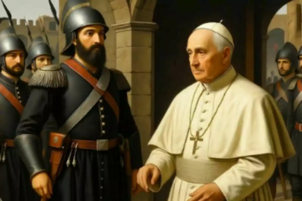 Un grup de guàrdies amb armadures fosques escorta un home vestit amb túnica blanca i solideo en un entorn d’arquitectura antiga.