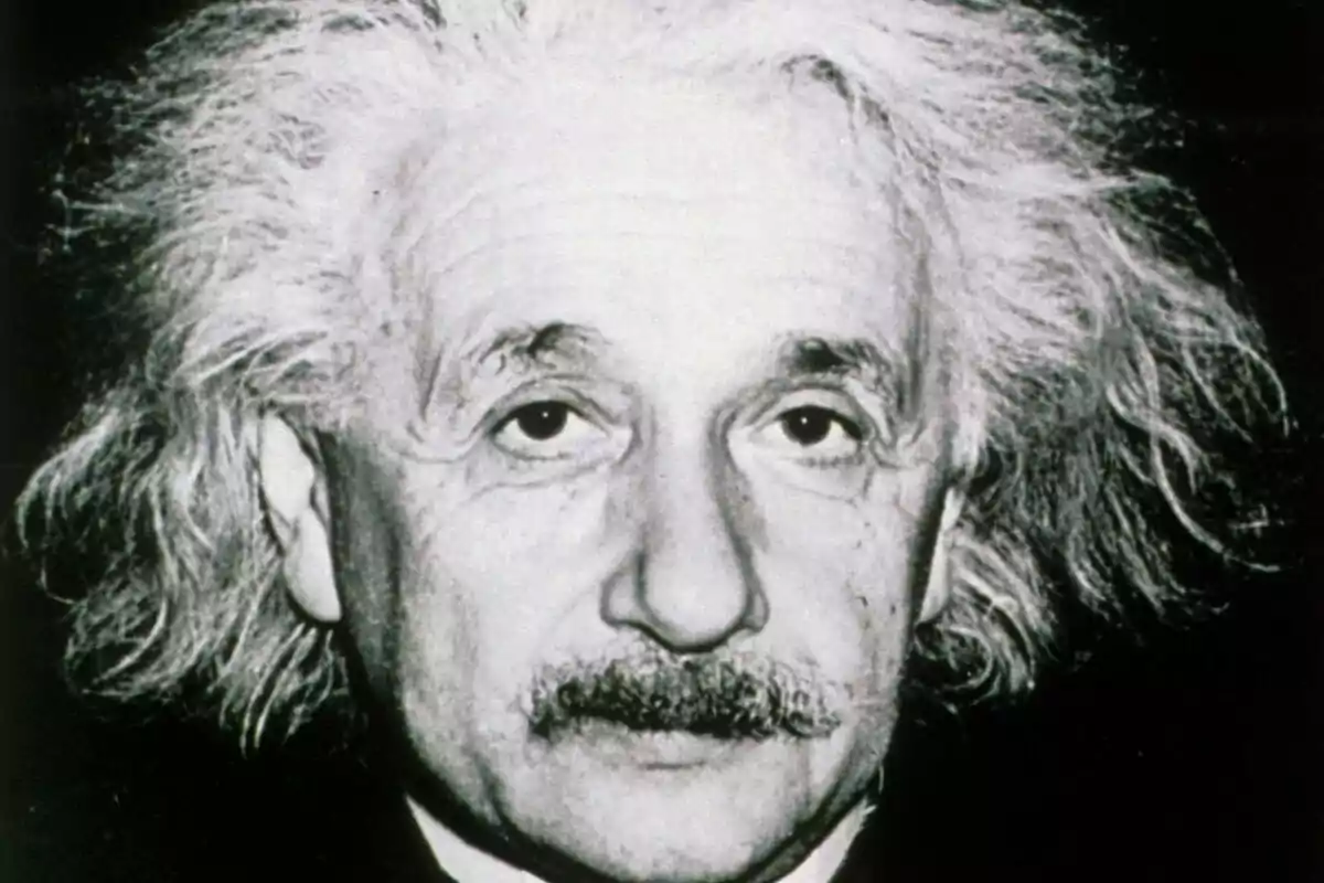Retrat en blanc i negre d’Albert Einstein amb els cabells despentinats i bigoti mirant al davant.