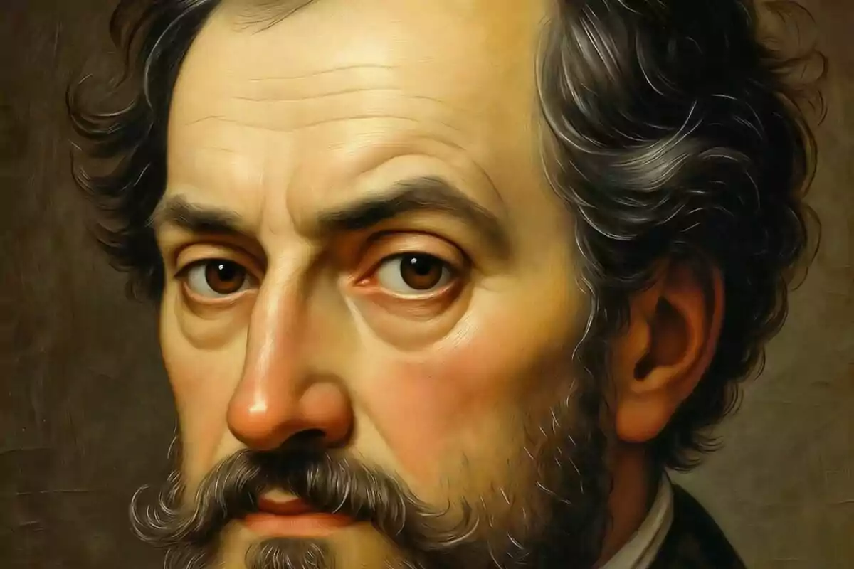 Retrat a l’oli d’un home de mitjana edat amb barba i cabells foscos i ondulats, expressió seriosa i fons neutre.