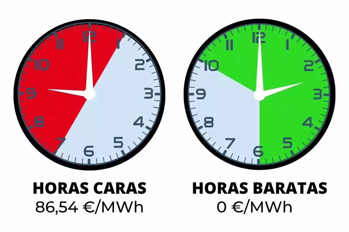 Dos relojes muestran franjas horarias en diferentes colores, uno en rojo indicando horas caras de electricidad con un precio de 86,54 euros por megavatio hora y otro en verde indicando horas baratas con un precio de 0 euros por megavatio hora; los costes pertencen al domingo, 19 de octubre de 2025.