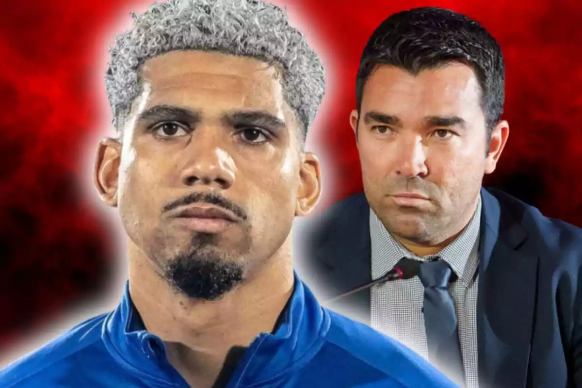 Dos homes amb expressions serioses sobre un fons vermell difuminat