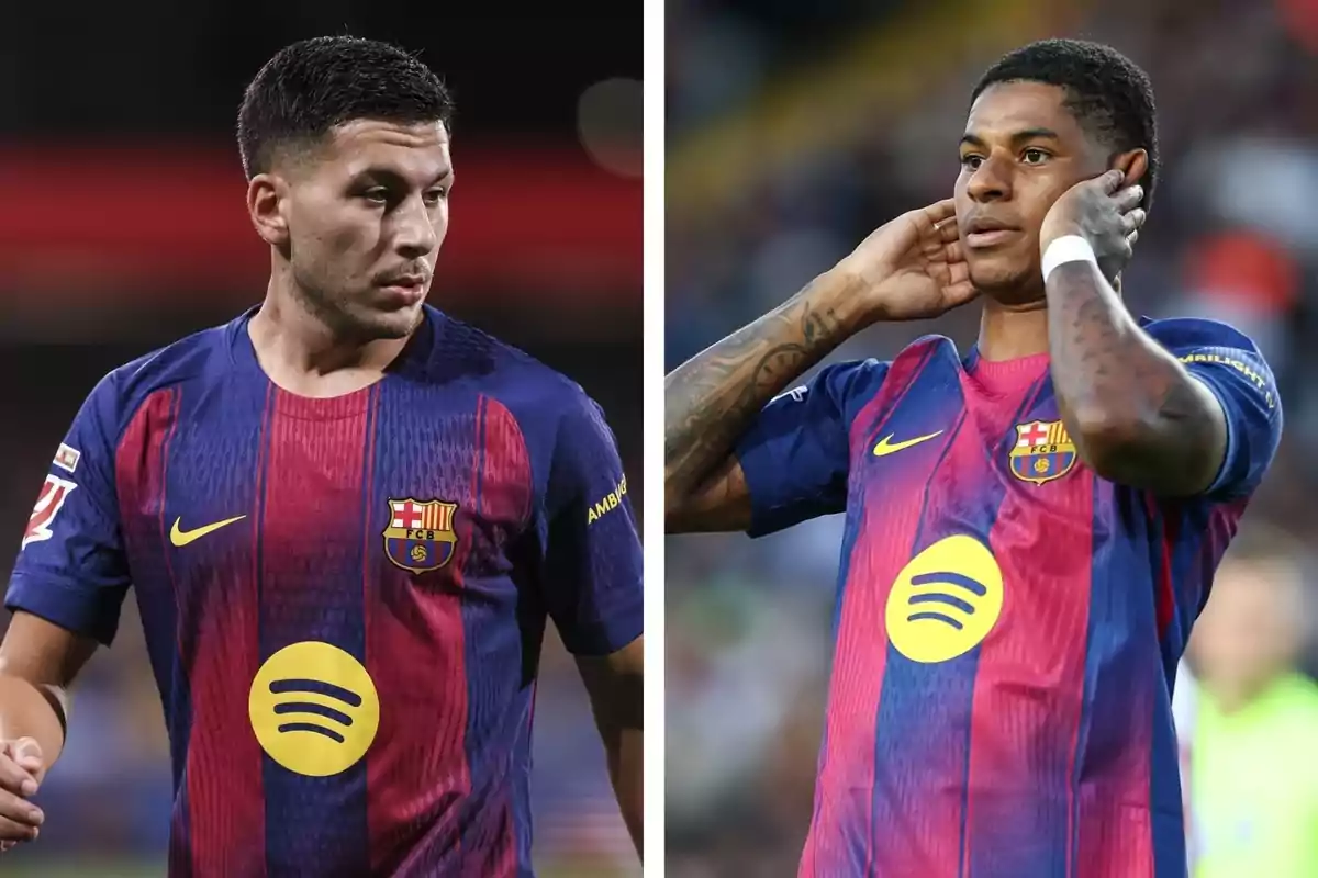 Dos futbolistes amb la samarreta del FC Barcelona en un muntatge dividit en dues parts