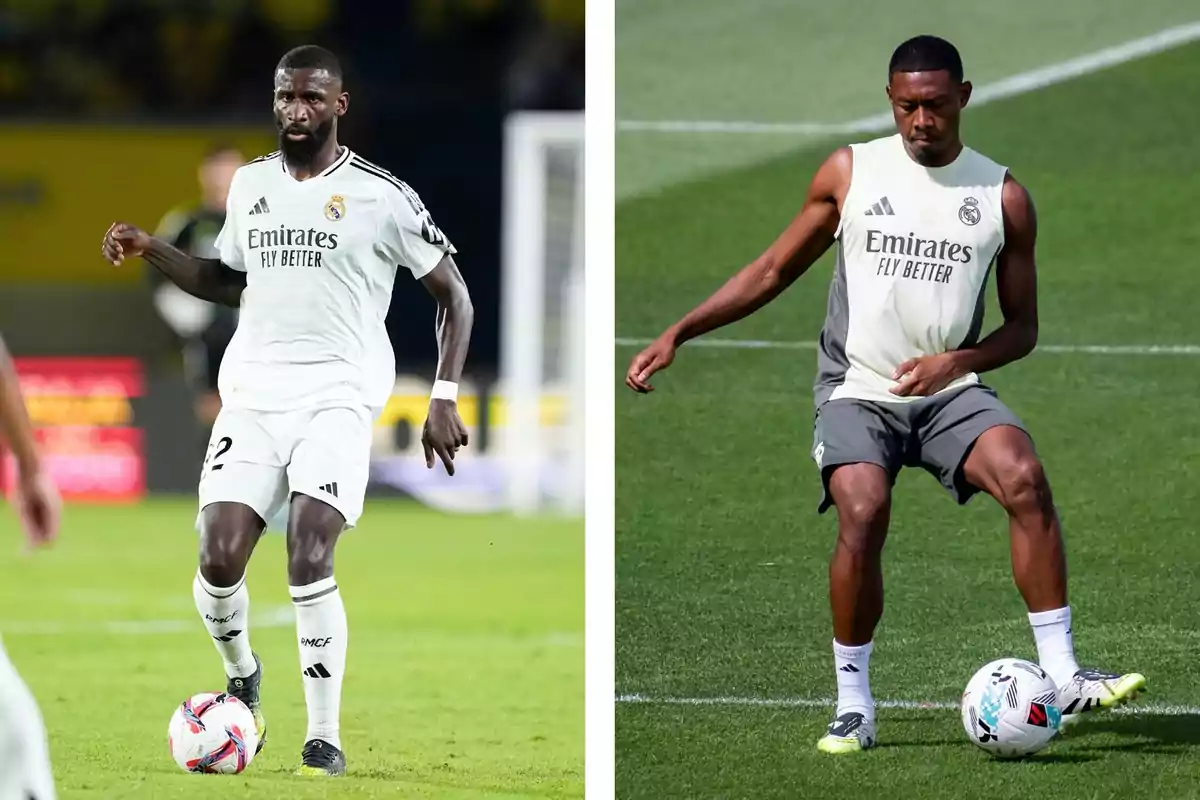 Dos futbolistas del Real Madrid en diferentes momentos, uno en partido y otro en entrenamiento, ambos controlando un balón.