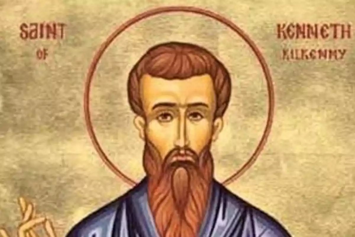 Ilustración religiosa de un santo con barba y aureola sobre fondo dorado