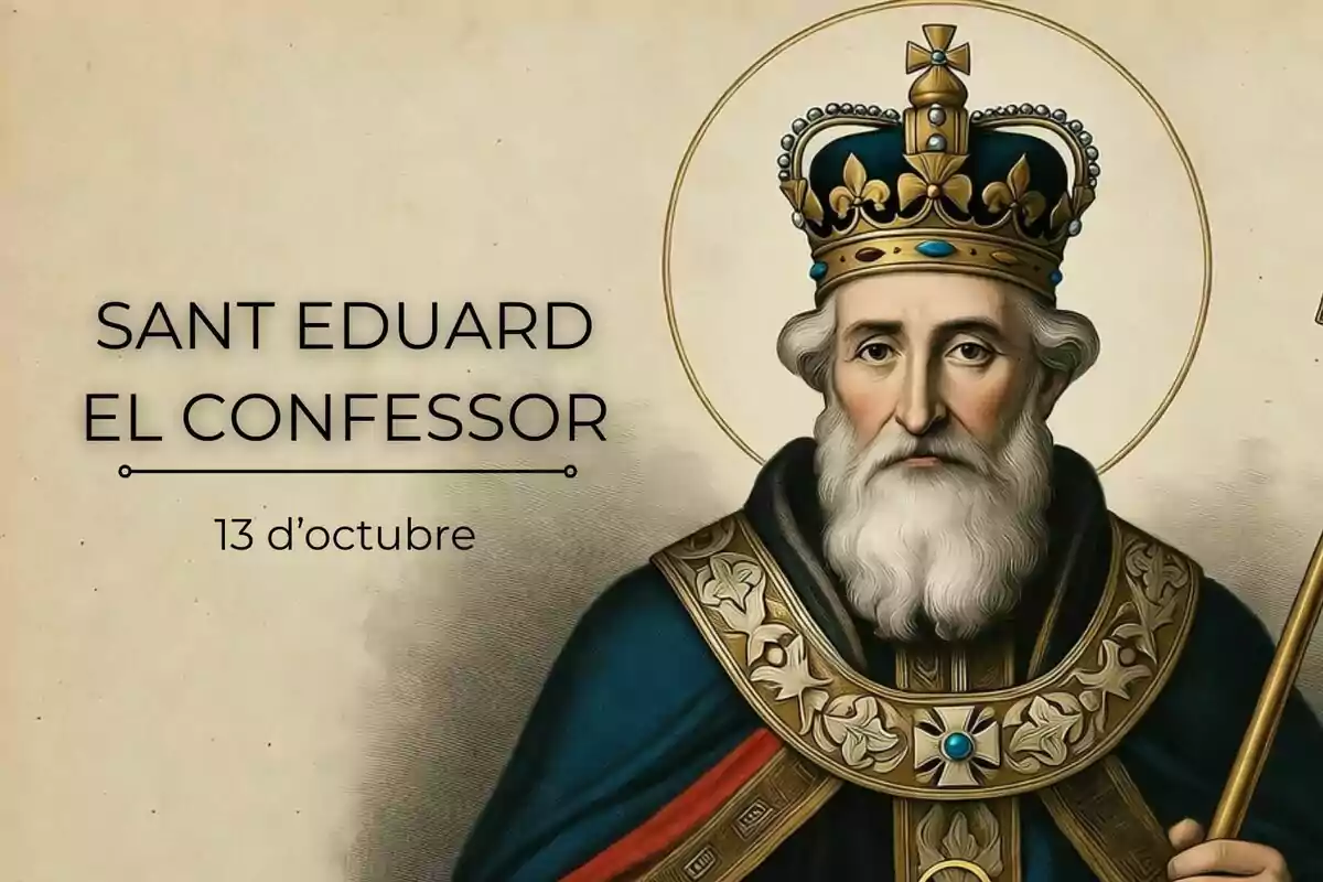 Il·lustració d’un home gran amb barba i corona, vestit amb robes reials i un halo daurat, acompanyat del text Sant Eduard el Confessor 13 d’octubre.