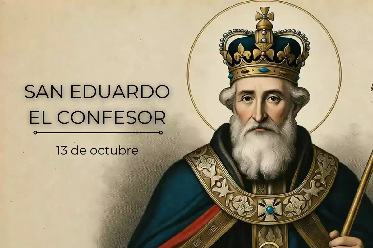 Ilustración de San Eduardo el Confesor con corona y vestimenta real, acompañado de un texto que indica su nombre y la fecha 13 de octubre.