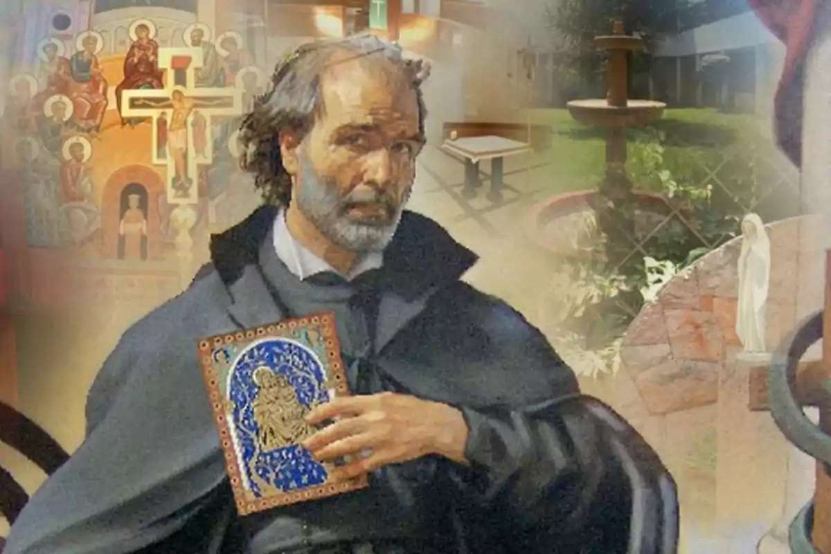 Hombre con barba y cabello canoso viste túnica oscura y sostiene un icono religioso, al fondo se aprecian imágenes religiosas, una fuente y un jardín.