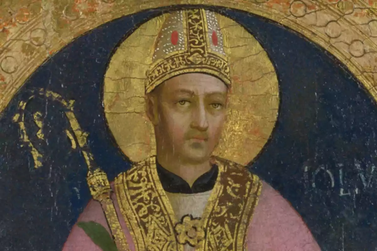 Pintura religiosa de un obispo con vestimenta dorada y fondo azul oscuro