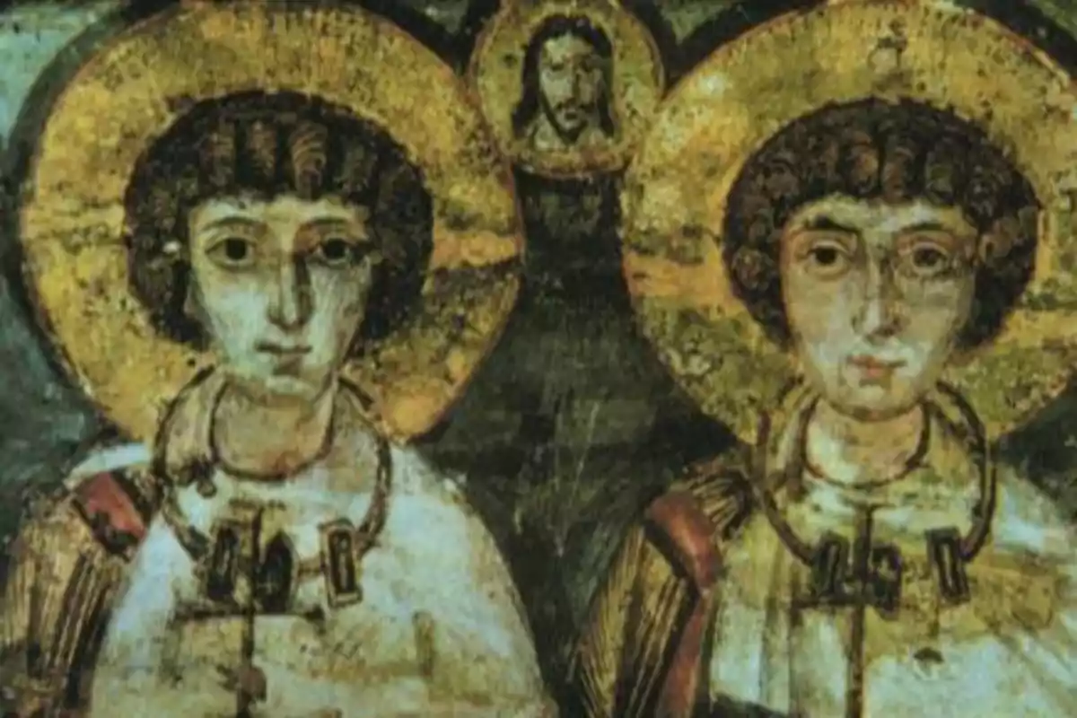 Pintura religiosa antigua que muestra a dos figuras con aureolas doradas y una figura adicional en el fondo