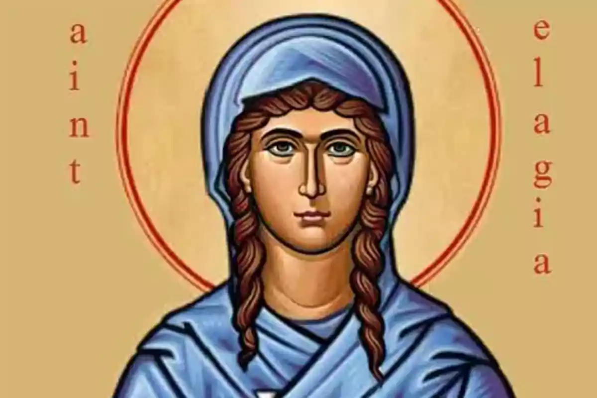 Ilustración de una mujer con manto azul y aureola dorada sobre fondo beige con letras rojas a los lados