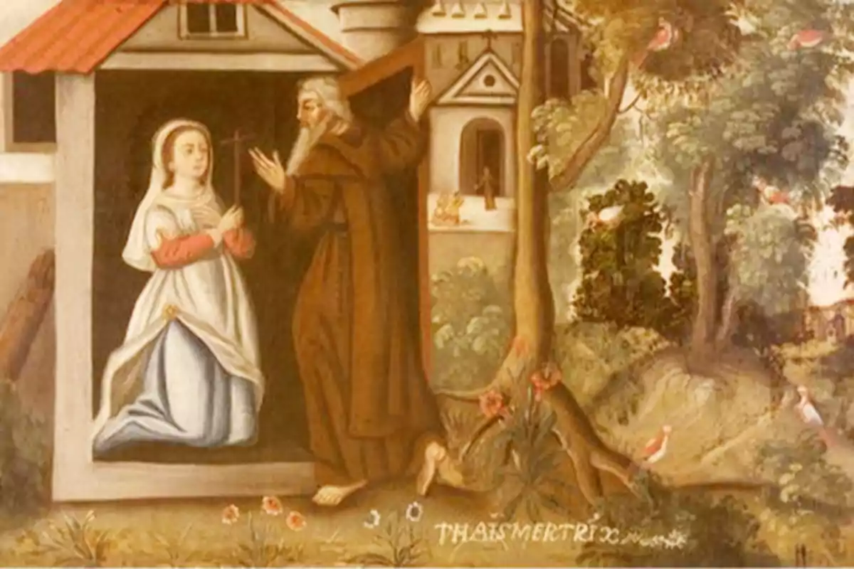 Pintura religiosa antigua que muestra a una mujer arrodillada con un hábito blanco y un hombre con túnica marrón y barba, ambos frente a una pequeña construcción rodeada de árboles y vegetación