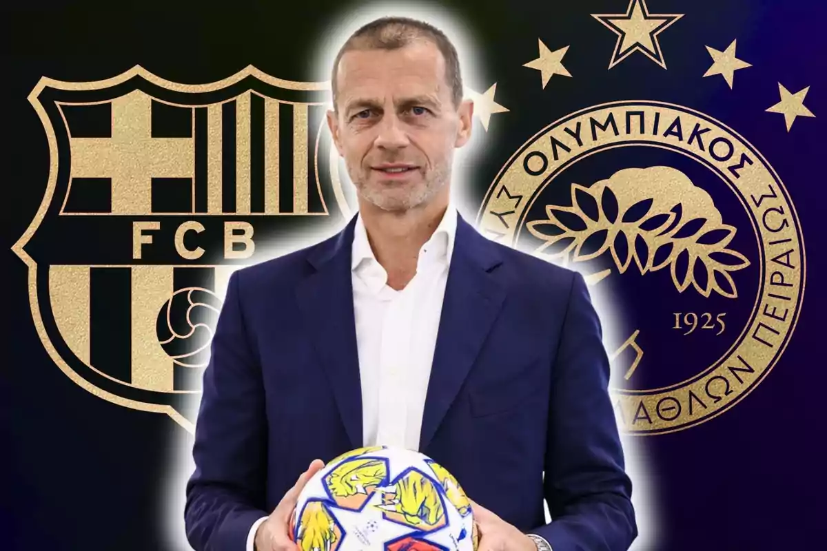 Hombre de traje sosteniendo un balón de fútbol con los escudos dorados de FC Barcelona y Olympiacos de fondo