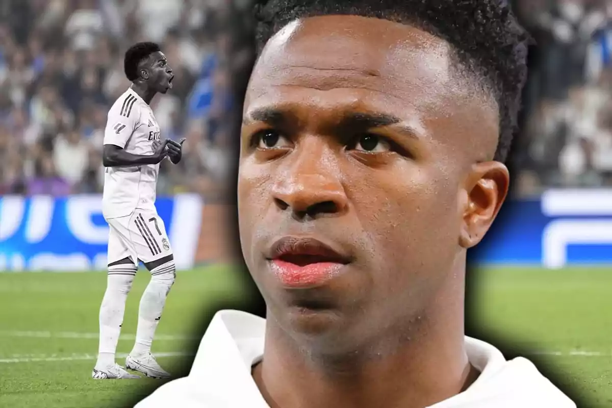 Primer pla d’un futbolista amb expressió seriosa i al fons una imatge en blanc i negre del mateix jugador celebrant al camp