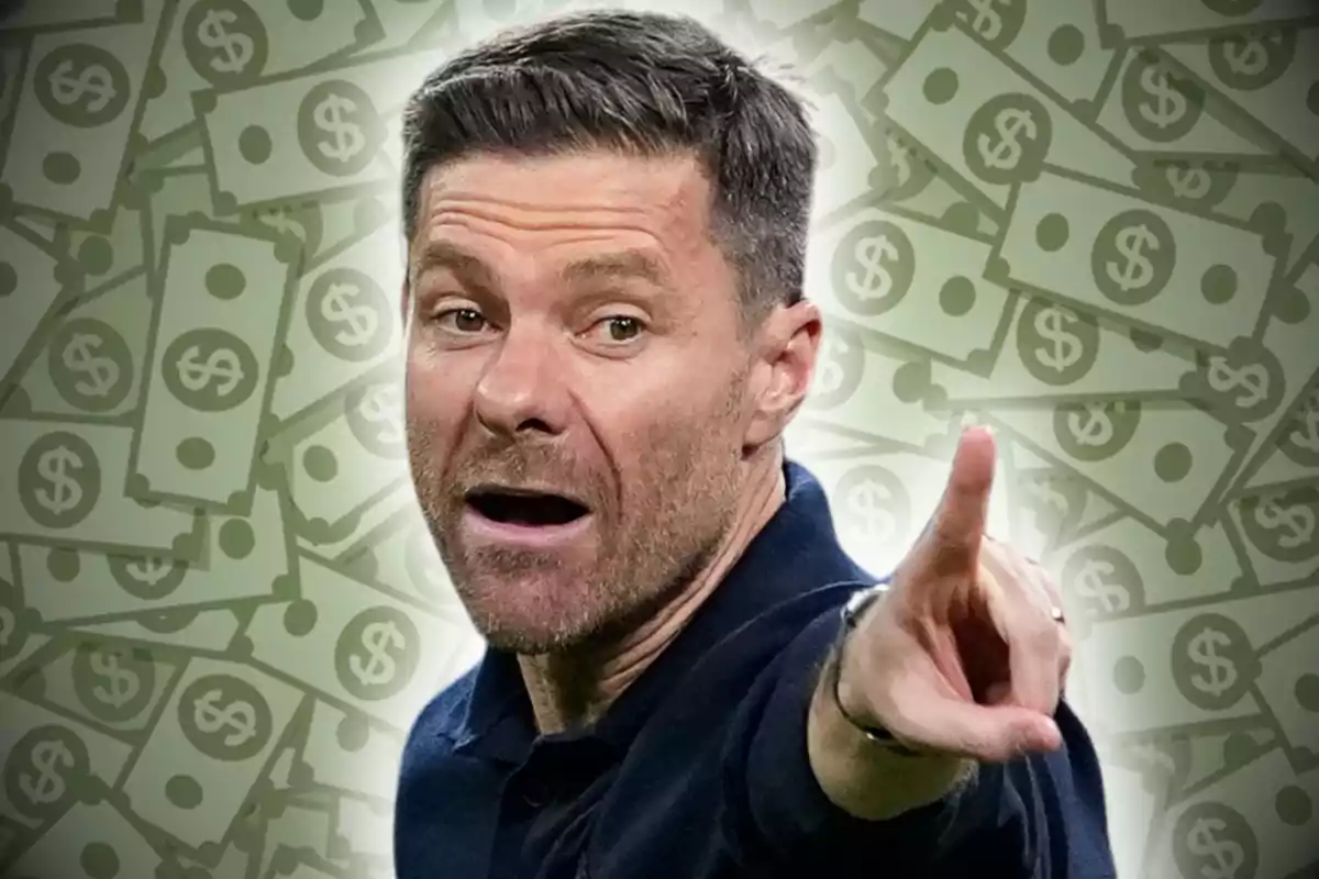 Hombre señalando con fondo de billetes de dinero dibujados