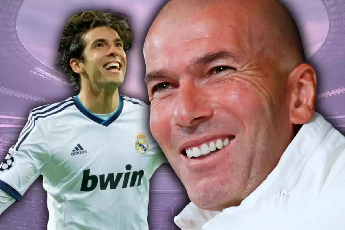 Dos hombres sonrientes con fondo de estadio, uno lleva camiseta del Real Madrid y el otro viste de blanco