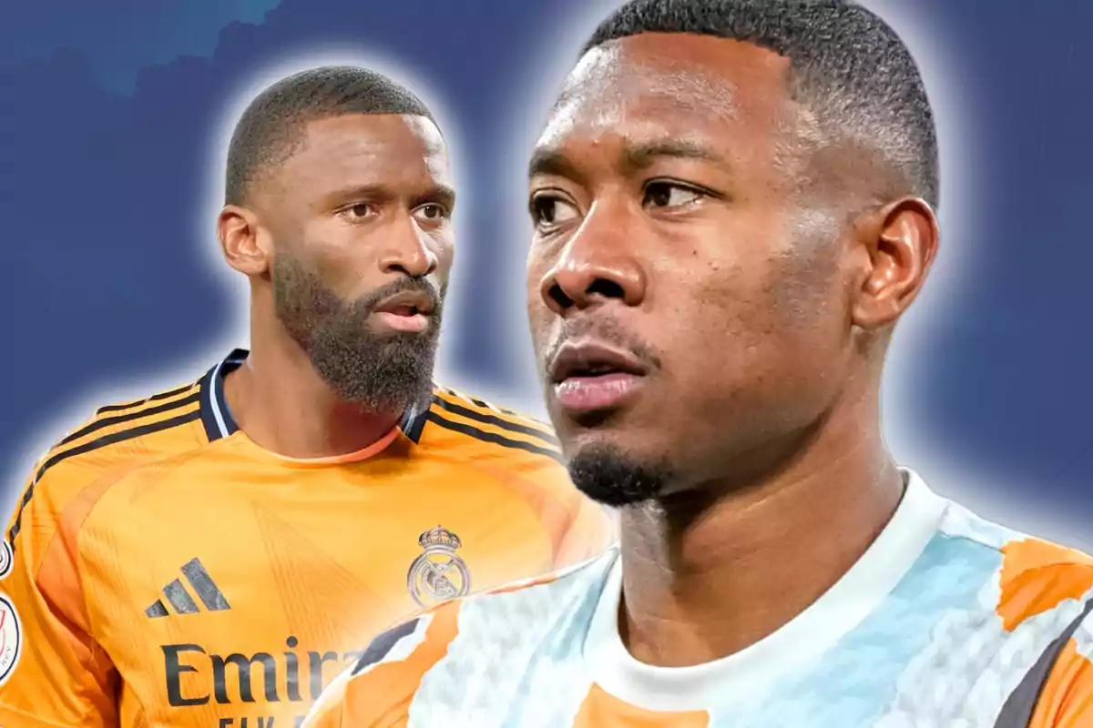 Dos futbolistas del Real Madrid con uniforme de portero en tonos naranja y detalles en negro sobre un fondo azul difuminado