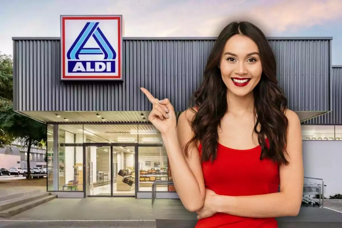 Dona somrient amb vestit vermell assenyalant el rètol d’una botiga ALDI