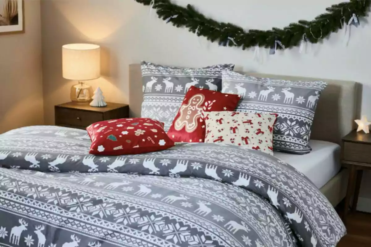 Cama decorada con ropa de cama y cojines de temática navideña en tonos grises, blancos y rojos, con una guirnalda verde colgada en la pared y lámparas encendidas en las mesitas de noche Cama decorada con ropa de cama y cojines de temática navideña en tonos grises, blancos y rojos, con una guirnalda verde colgada en la pared y lámparas encendidas en las mesitas de noche