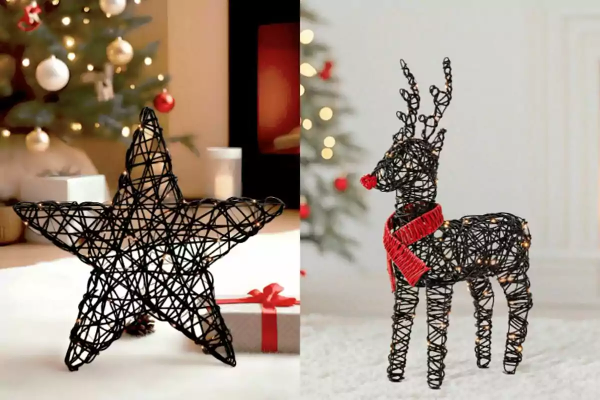 Decoracions de Nadal fetes de filferro negre en forma d’estrella i de cérvol amb llums i bufanda vermella, amb un arbre de Nadal desenfocat al fons.