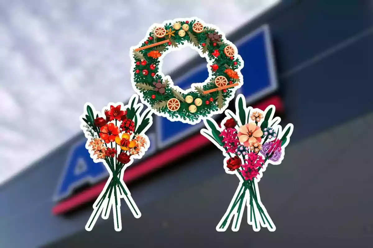 Rams de flors i una corona decorativa sobre un fons desenfocat d’una botiga