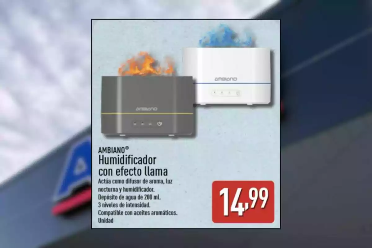 Dos humidificadors Ambiano, un de negre amb efecte de flama taronja i un altre de blanc amb efecte de flama blava, juntament amb informació del producte i el preu de 14,99 euros. Dos humidificadors Ambiano, un de negre amb efecte de flama taronja i un altre de blanc amb efecte de flama blava, juntament amb informació del producte i el preu de 14,99 euros.