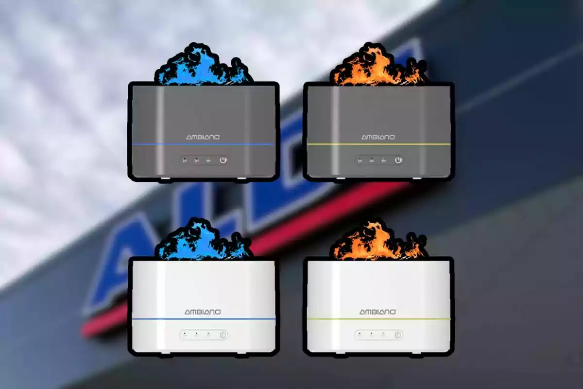Quatre humidificadors Ambiano de color negre i blanc amb efectes de fum blau i taronja sobre un fons desenfocat d’una botiga Quatre humidificadors Ambiano de color negre i blanc amb efectes de fum blau i taronja sobre un fons desenfocat d’una botiga