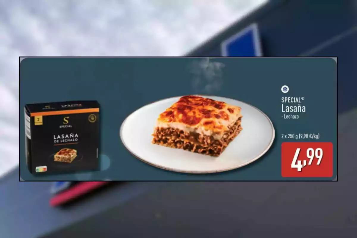 Caixa de lasanya de xai al costat d’una ració servida en un plat blanc i el preu de 4,99 euros destacat en vermell Caixa de lasanya de xai al costat d’una ració servida en un plat blanc i el preu de 4,99 euros destacat en vermell