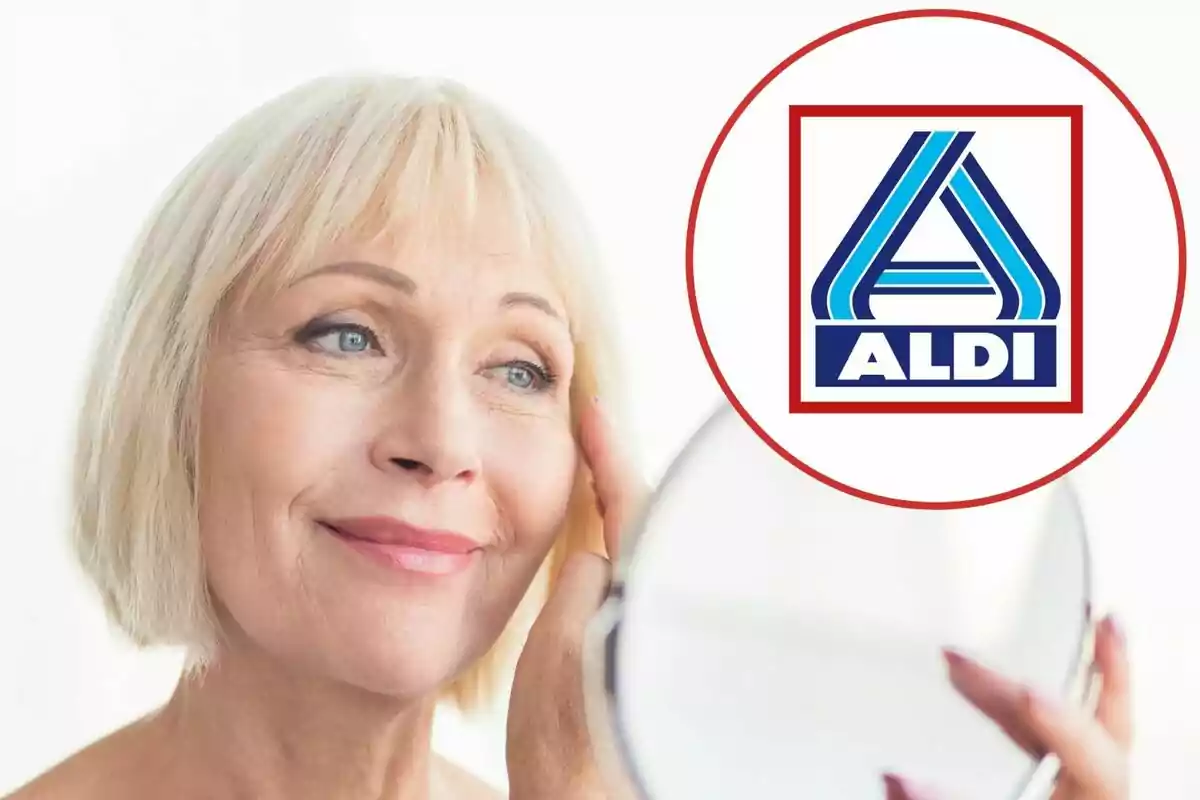 Dona gran somrient mentre es mira en un mirall amb el logotip d’Aldi a la cantonada superior dreta