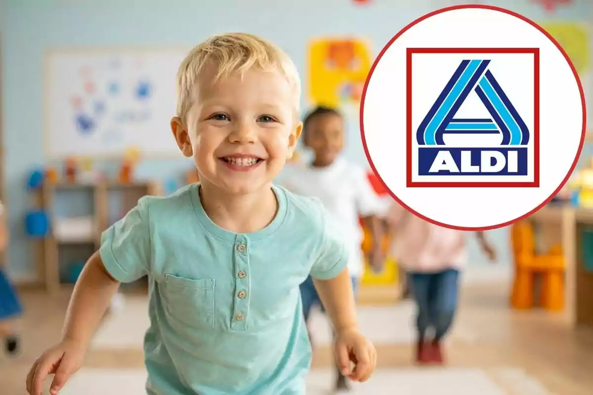 Niño rubio sonriente en primer plano con otros niños al fondo y el logo de ALDI en la esquina superior derecha