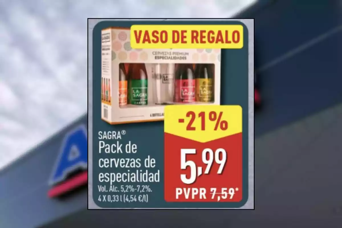 Promoció d’un pack de cerveses d’especialitat Sagra amb quatre ampolles i un got de regal, amb un descompte del 21 per cent i preu final de 5,99 euros sobre un fons de supermercat. Promoció d’un pack de cerveses d’especialitat Sagra amb quatre ampolles i un got de regal, amb un descompte del 21 per cent i preu final de 5,99 euros sobre un fons de supermercat.