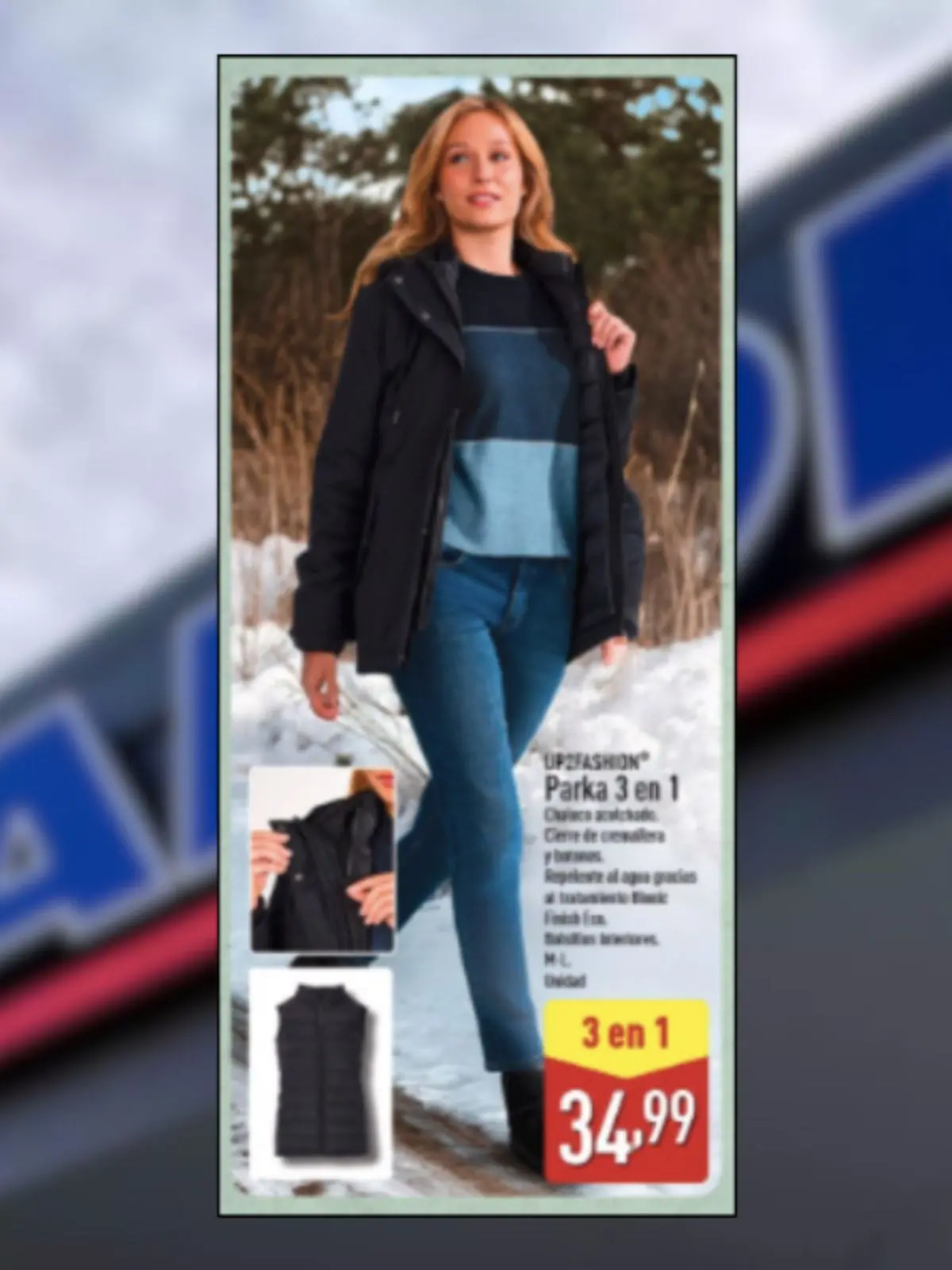 Dona caminant per la neu amb una parka negra, jersei blau i texans, al costat d’imatges de l’armilla interior i el preu destacat en groc i vermell