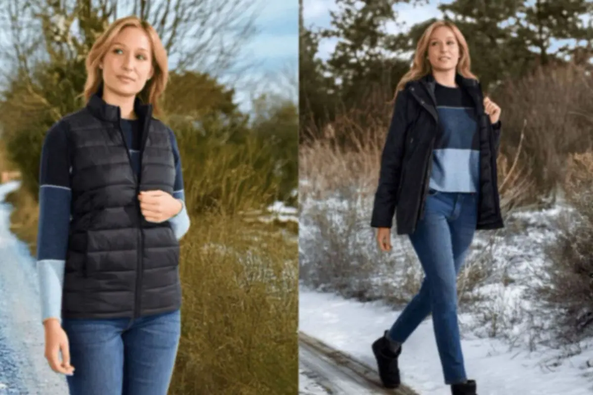 Dona rossa amb jersei blau i texans posant a l’aire lliure en dos escenaris diferents, un amb armilla negra i un altre amb abric negre, envoltada de vegetació i neu.