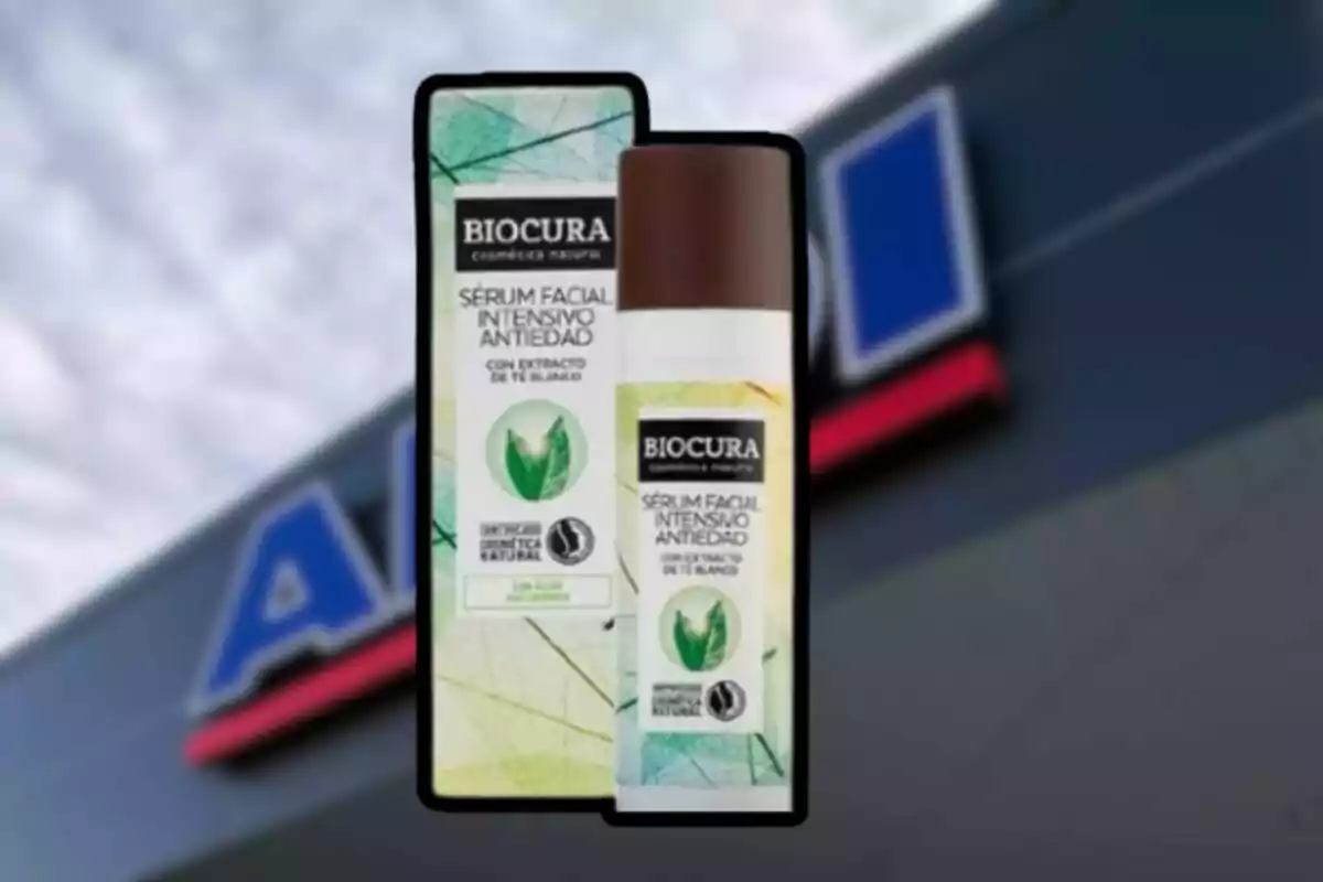 Envàs i capsa de sèrum facial intensiu antiedat de la marca Biocura amb fons d’una botiga Aldi desenfocada