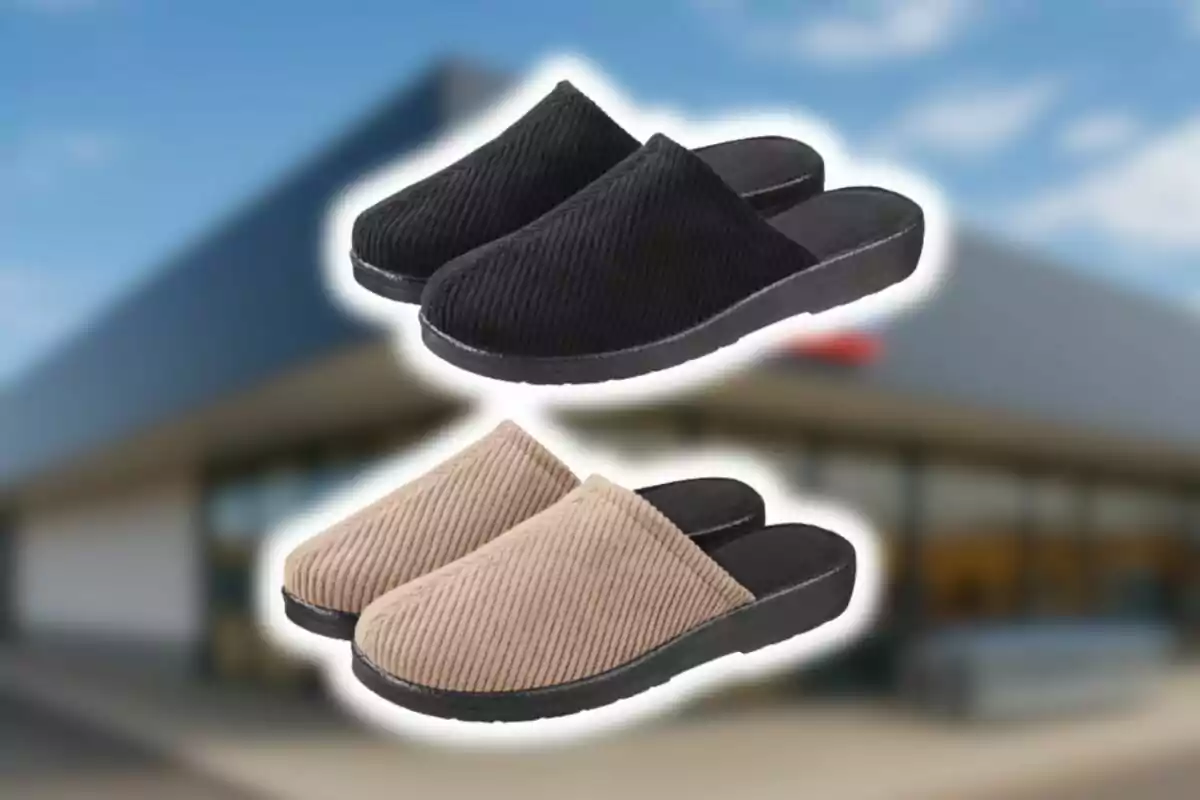 Dos parells de sabatilles de tela tipus pana en colors negre i beix amb un fons d’edifici desenfocat d’Aldi.