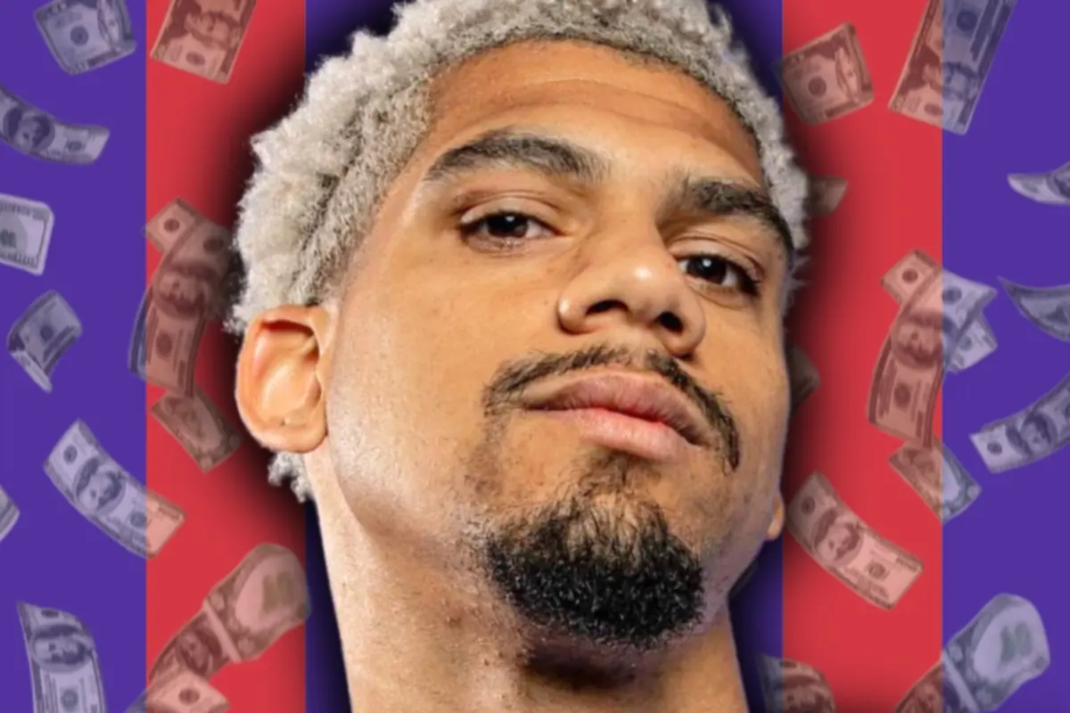 Platinum-blond-haired man with a serious expression in front of a background with floating bills and red and purple stripes