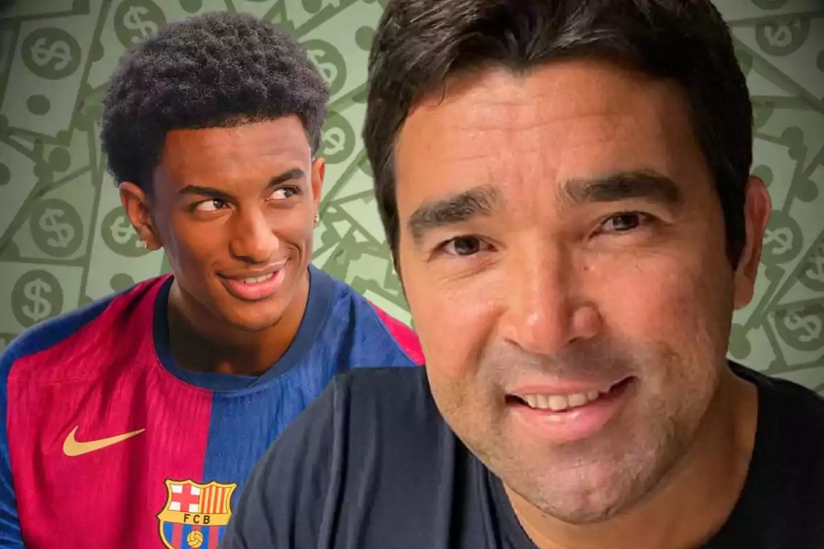 Dos hombres sonríen, uno lleva una camiseta del Barcelona y el fondo tiene dibujos de billetes con símbolos de dólar.