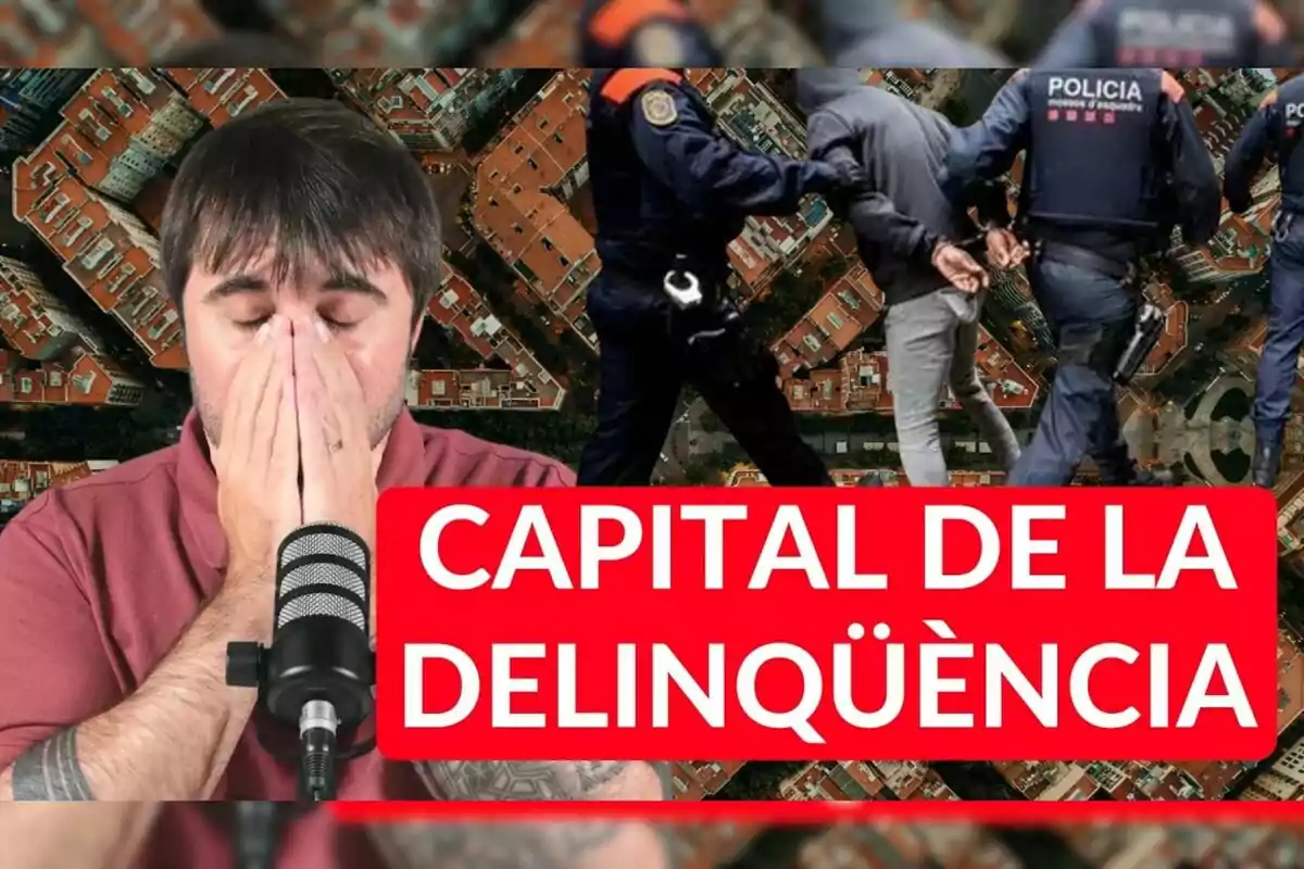 Un hombre con gesto de preocupación frente a un micrófono y al fondo dos policías escoltan a una persona esposada sobre una vista aérea de una ciudad con el texto capital de la delinqüència en letras blancas sobre fondo rojo