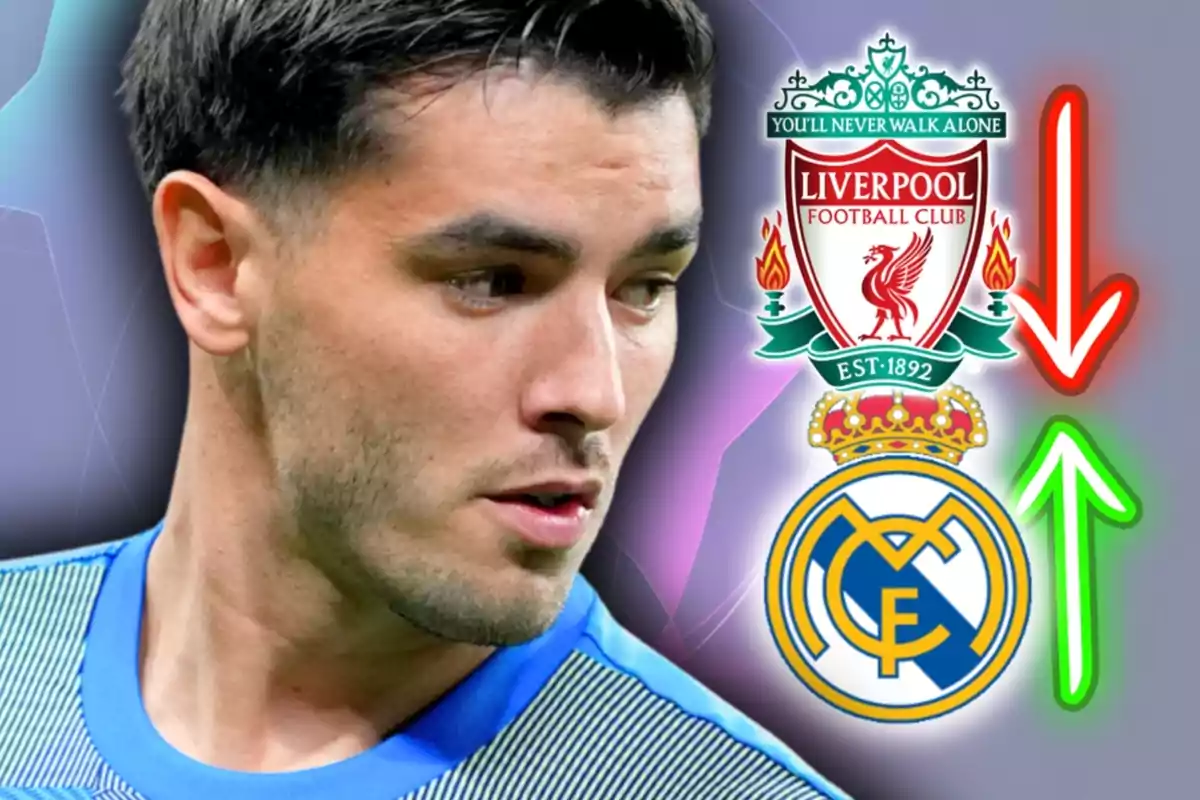 Un futbolista mira cap a la dreta mentre apareixen els escuts del Liverpool amb una fletxa vermella cap avall i del Reial Madrid amb una fletxa verda cap amunt sobre un fons difuminat.