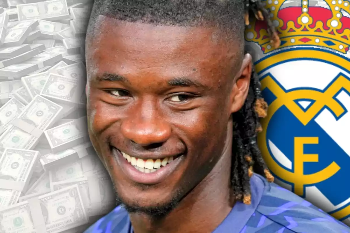 Un futbolista sonriente con fajos de billetes y el escudo del Real Madrid de fondo