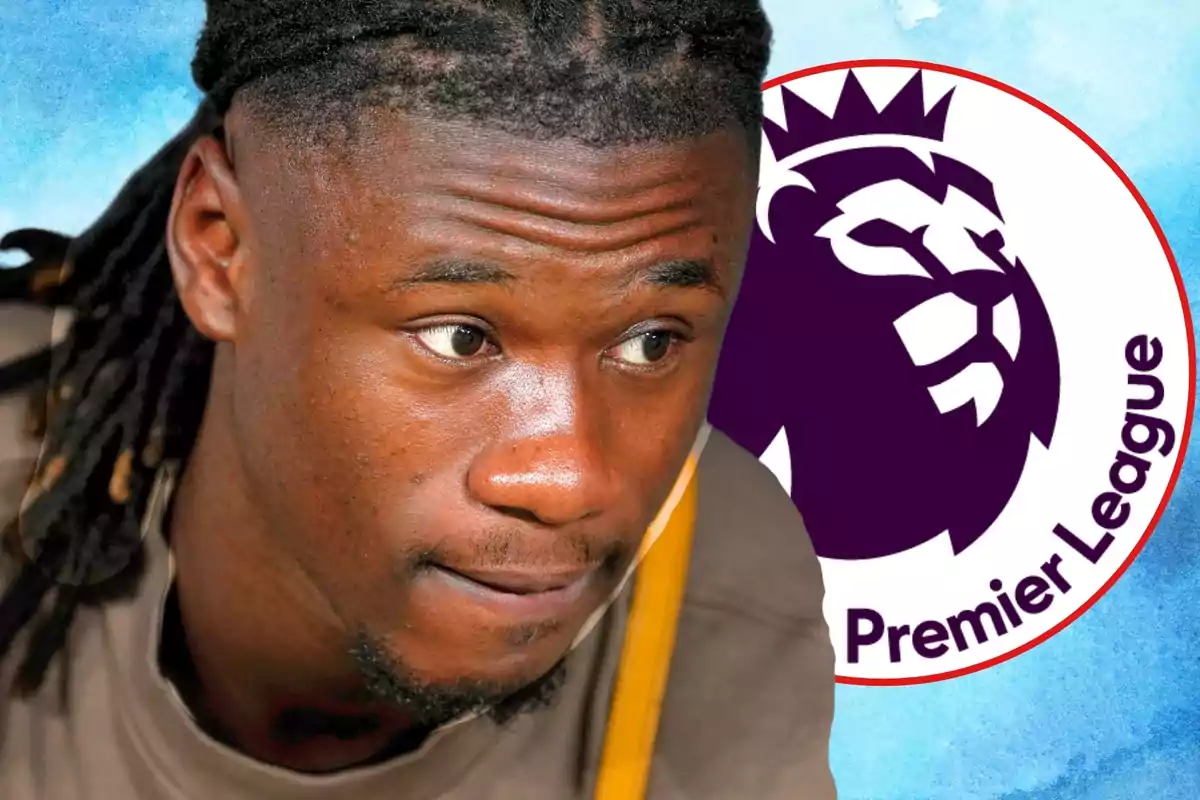 Un futbolista amb cabells trenats apareix en primer pla amb el logotip de la Premier League al fons.