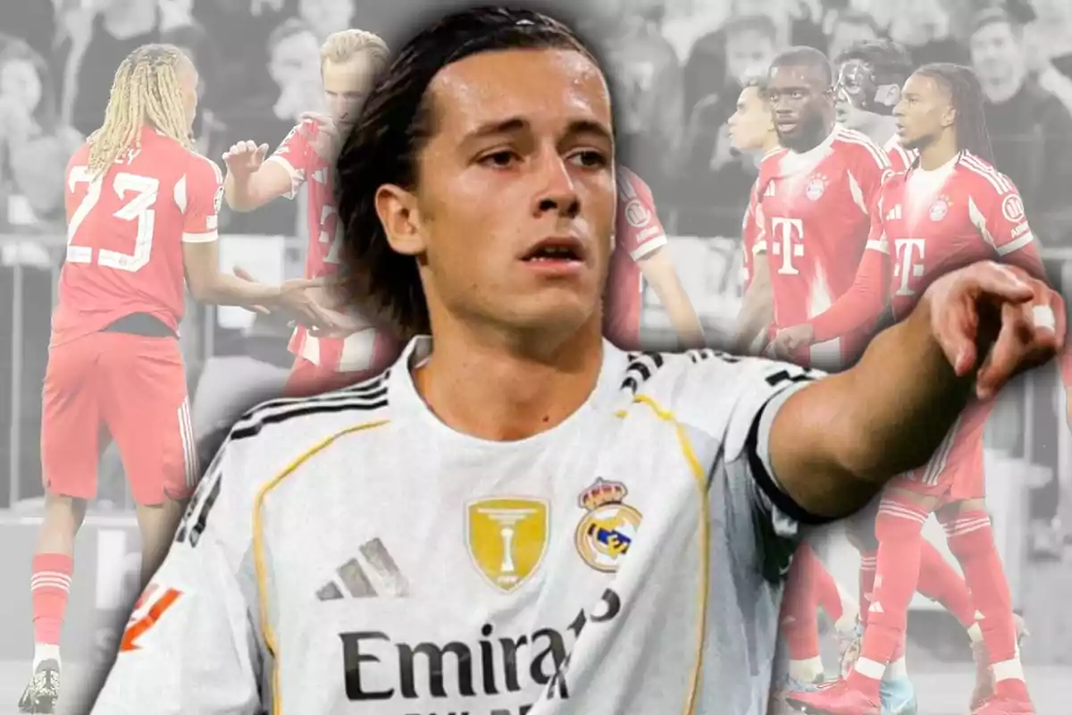 Un futbolista del Reial Madrid en primer pla amb jugadors del Bayern Munic al fons