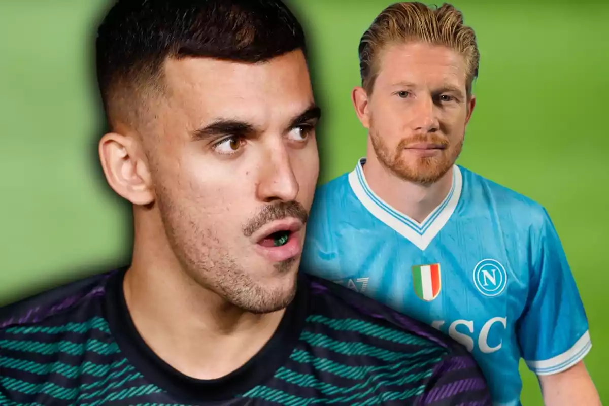 Dos futbolistas aparecen en la imagen, uno en primer plano con expresión de sorpresa y otro al fondo vistiendo un uniforme azul celeste